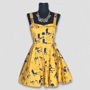 Vintage IXIA Cat Print Mini Dress Yellow Blue Small